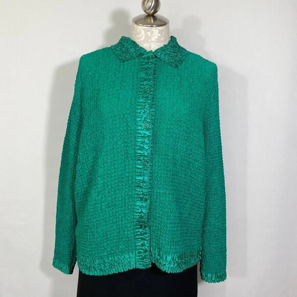 Rafael Women's Scrunch Shirt Small Green Polyester Long Sleeve Button-Up - Picture 2 of 7